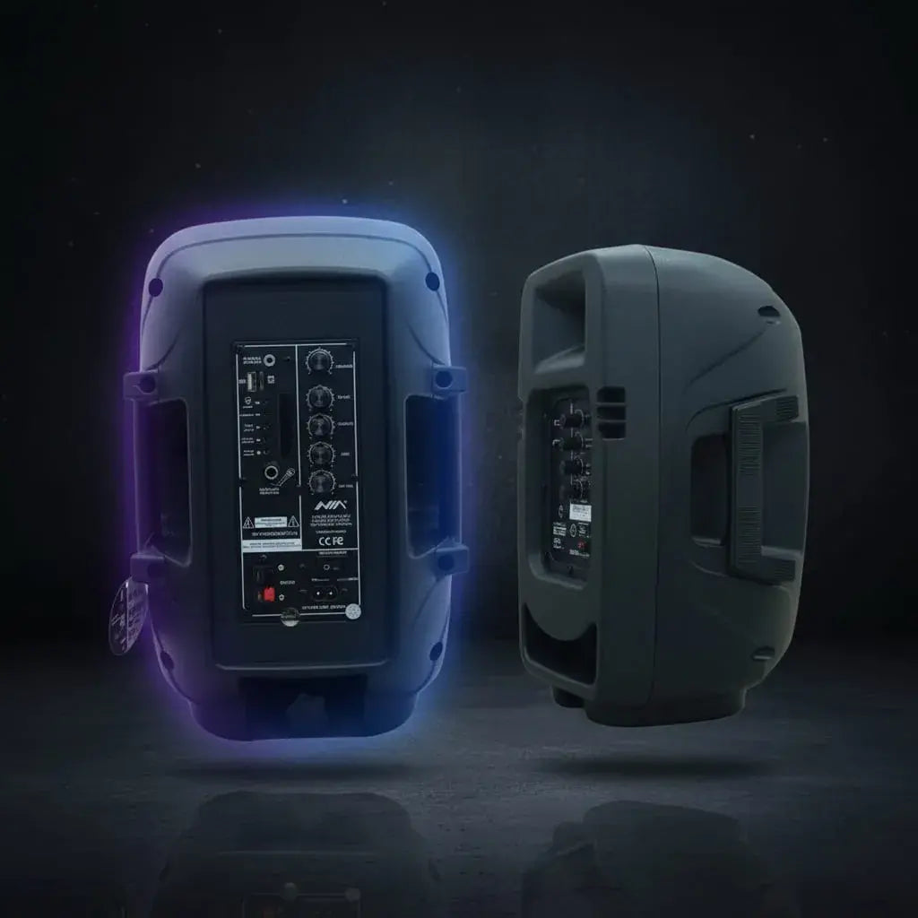 Cabina de sonido NIA con doble parlante de 6,5", Bluetooth 5.0, micrófono para karaoke, luces LED, radio FM y entradas USB, microSD y AUX. Tiene batería de hasta 6 horas y carga en 2 horas. Es portátil, con asa. Ideal para fiestas.