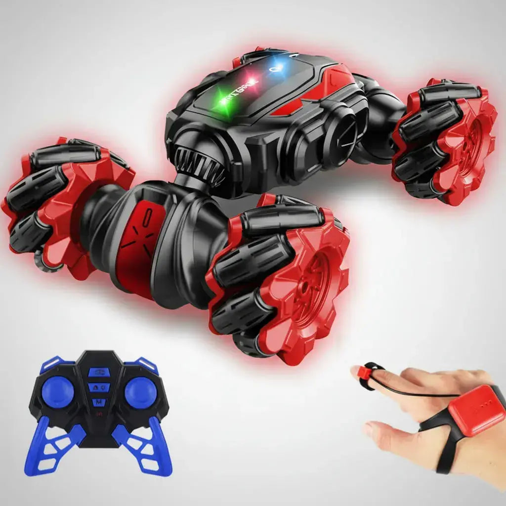 Carro stunt transformable a control remoto con reloj de gestos. Tracción 4x4, gira 360°, anda de lado y cambia de forma con un botón. Alcance de 30 m y 25 minutos de juego. Para niños de 8 años en adelante.