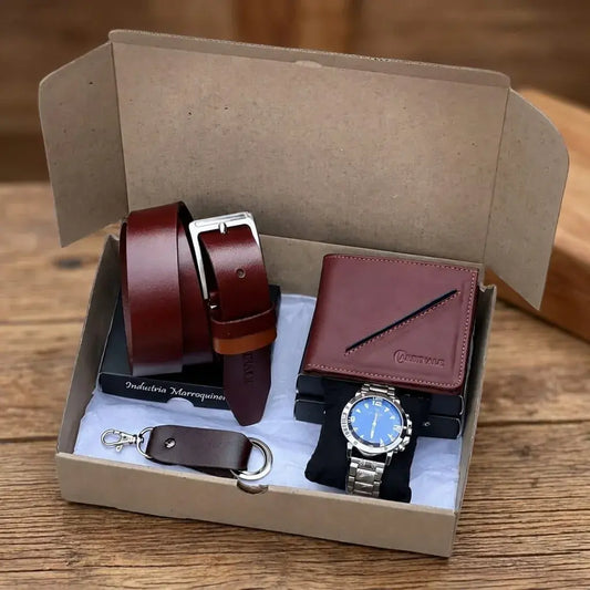Combo premium para hombre con correa repujada, billetera en cuero encerado tres partes, reloj metálico y caja de obsequio. Elegante, práctico y perfecto para regalo.