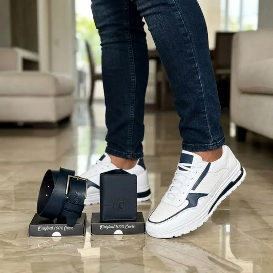 Combo para hombre con zapato sport en cuero encerado y grabado, correa en cuero y billetera en cuero encerado. Elegante, cómodo y funcional para uso diario o regalo.