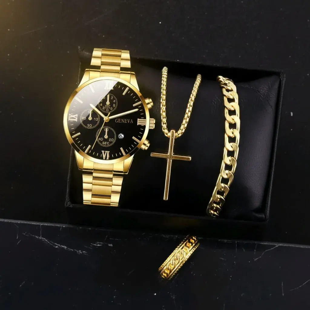 Combo 4 en 1 para hombre: reloj análogo dorado con esfera negra y fecha, cadena con cruz, pulsera tipo cubana y anillo. Todo en tono dorado y en caja de regalo. Ideal para Navidad o cumpleaños.