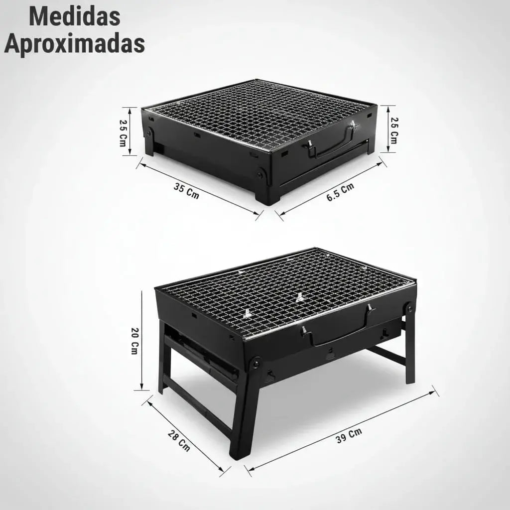 Mini parrilla asador portátil plegable TL-353 de carbón, tipo maletín con manija. Plegada mide 35 x 28 x 6,5 cm y se arma en 4 pasos, sin herramientas. Tiene ventilación lateral y piezas removibles. Ideal para balcón, camping y paseos.