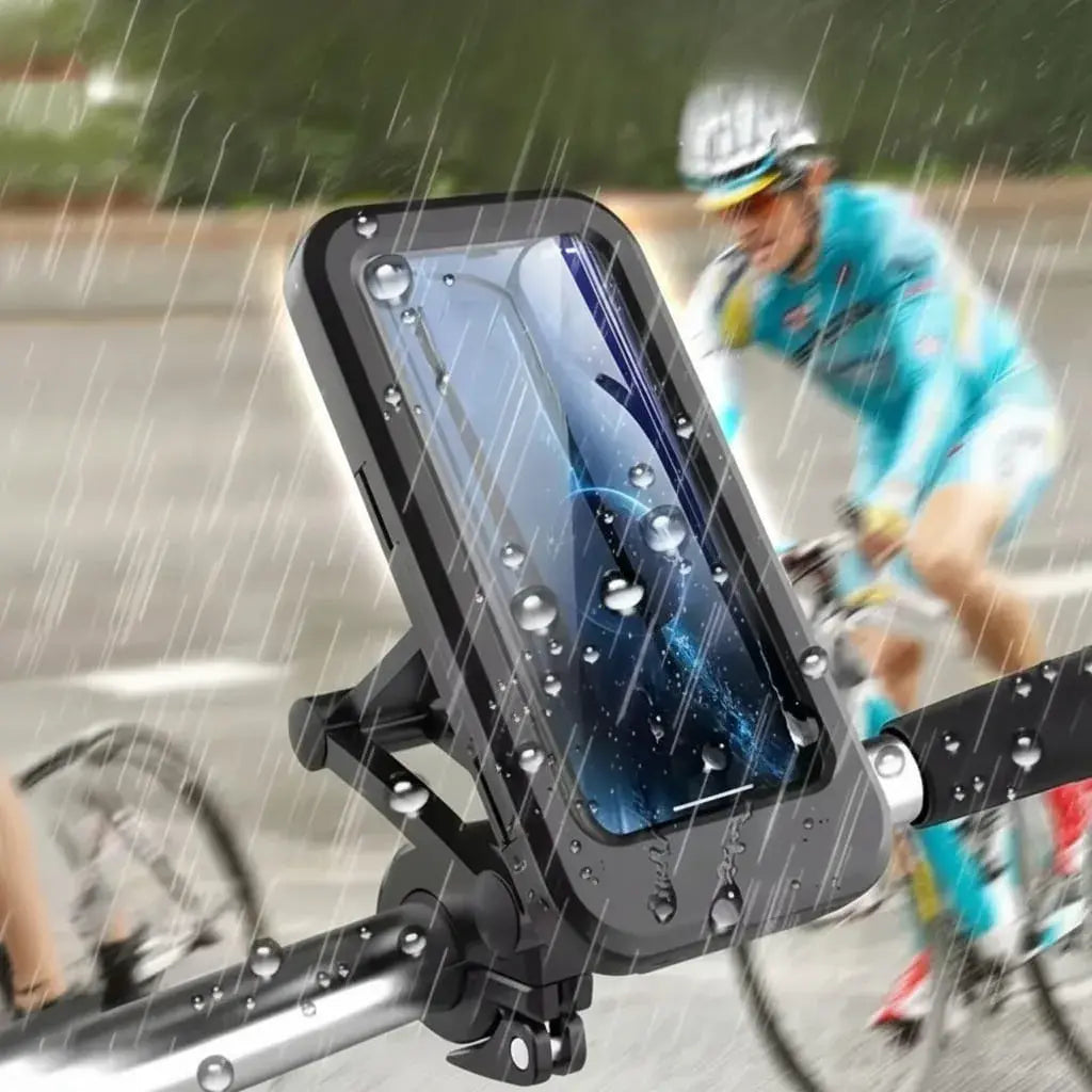 Soporte de celular para moto y bicicleta con estuche que protege de la lluvia, el polvo y el barro. Pantalla táctil, compatible con reconocimiento facial, brazo articulado y ranura para cargar en ruta.
