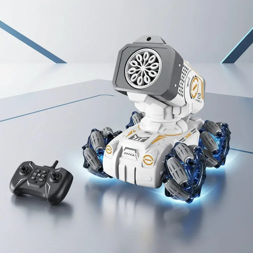 Tanque a control remoto que lanza burbujas, con velocidad de hasta 12 km/h, ruedas omnidireccionales y giro de 360°. Sube pendientes de 45° en césped, arena y concreto. Batería recargable y juego en grupo.
