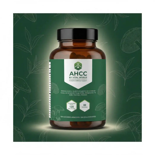 AHCC by Vital World con shiitake, betaglucanos de Ganoderma, té verde, vitamina C, D, A, zinc y selenio, que contribuyen al funcionamiento normal del sistema inmunitario. Trae 120 unidades y 30 porciones, sin azúcar, y es industria colombiana.