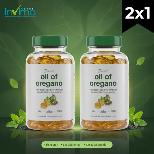 Combo x2 de aceite de orégano con aceite de comino negro (black seed oil) en 200 softgels. Trae carvacrol y timoquinona, sin sabor fuerte, sin gluten, sin colorantes y sin azúcares añadidos. Fácil de tomar y con registro INVIMA.