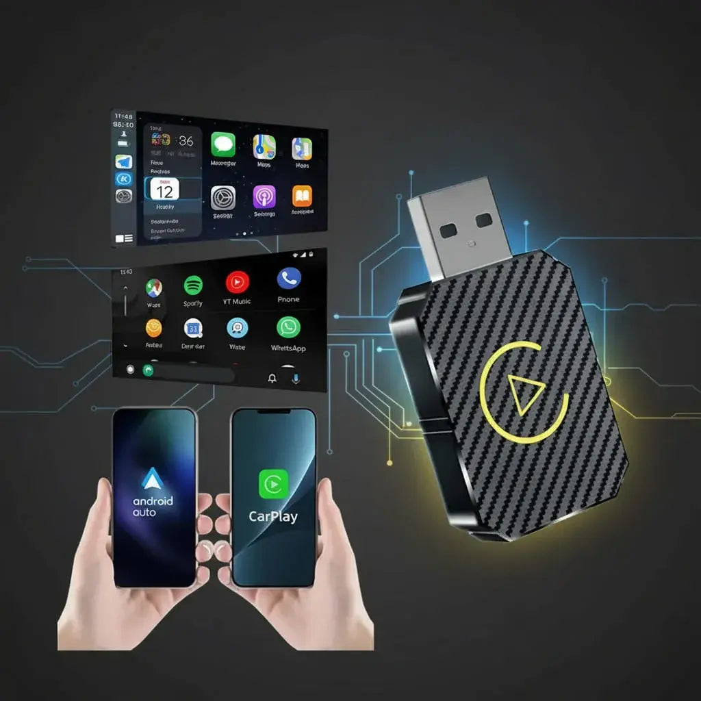 Adaptador inalámbrico que convierte tu CarPlay o Android Auto con cable en inalámbrico. Conexión automática al entrar al carro. Usa Waze, Maps, Spotify y llamadas en la pantalla. Requiere que el carro ya tenga CarPlay o Android Auto.