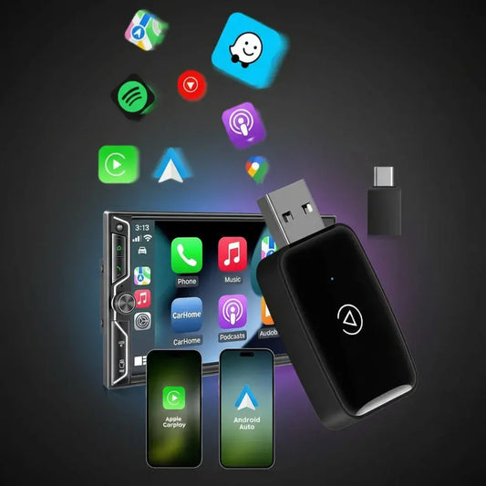 Adaptador inalámbrico que convierte tu CarPlay o Android Auto con cable en inalámbrico. Conexión automática al entrar al carro. Usa Waze, Maps, Spotify y llamadas en la pantalla. Requiere que el carro ya tenga CarPlay o Android Auto.