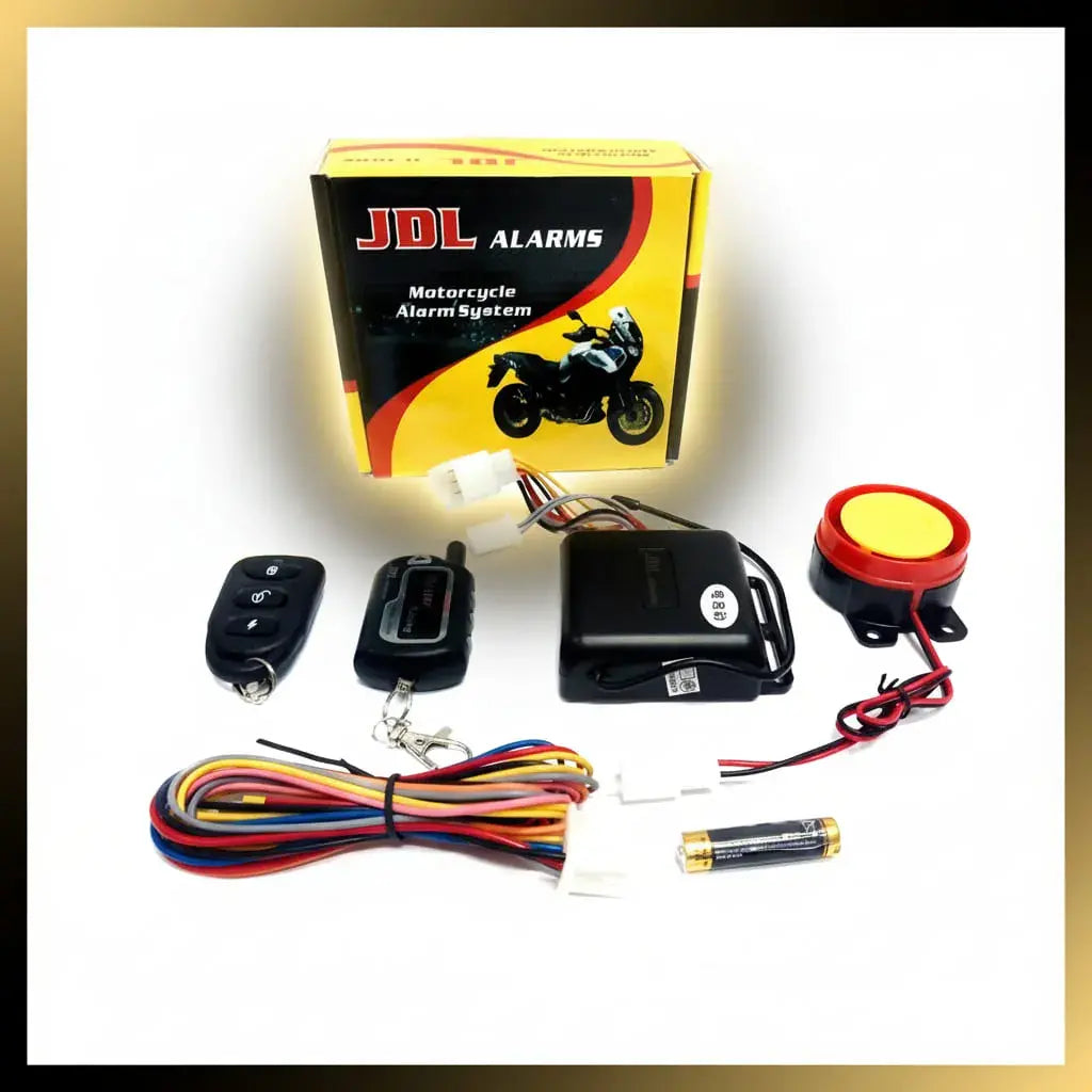 Alarma doble vía para moto JDL: tu control vibra y suena si mueven, golpean o encienden tu moto. Sirena de 120 dB, sensor de impacto graduable, encendido remoto, inmovilizador y botón antiatraco.