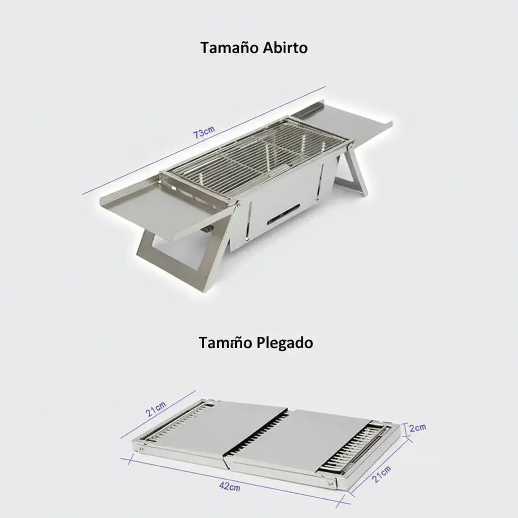 Asador portátil plegable de acero inoxidable para carbón. Se arma en segundos sin herramientas, es estable, tiene una parrilla amplia y es fácil de limpiar. Cabe en el baúl del carro. Ideal para camping, playa, finca, paseos y patio.