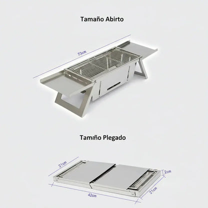 Asador portátil plegable de acero inoxidable para carbón. Se arma en segundos sin herramientas, es estable, tiene una parrilla amplia y es fácil de limpiar. Cabe en el baúl del carro. Ideal para camping, playa, finca, paseos y patio.