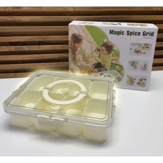 Bandeja de servir dividida con 8 compartimentos extraíbles, tapa transparente con cierre y asa para llevar. Ideal para pasabocas, frutos secos, dulces y frutas en fiestas, reuniones y paseos. También sirve como organizador multiuso.