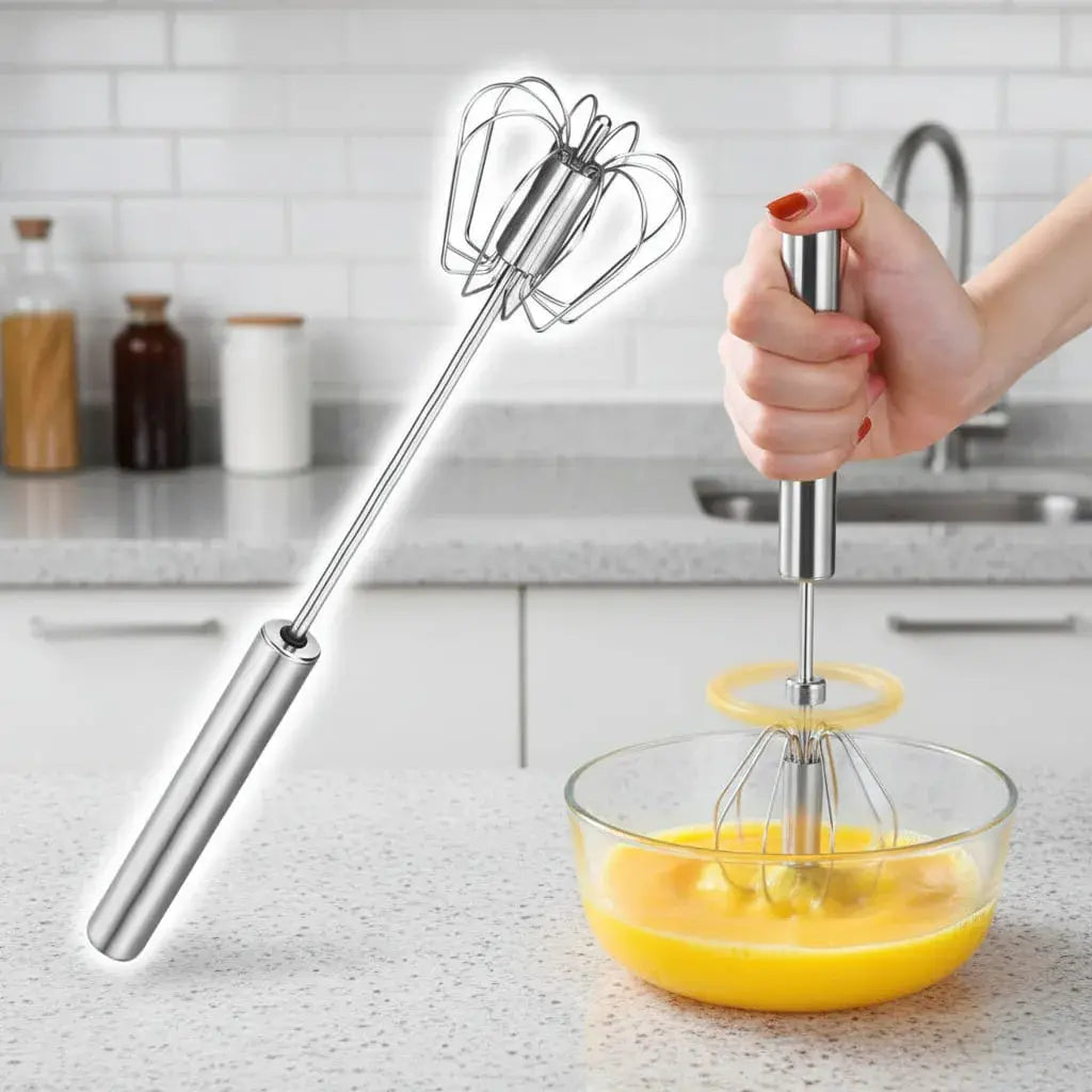 Batidor de huevos semiautomático de acero inoxidable de 30 cm. Solo presiona y suelta: gira solo con mecanismo de resorte, sin pilas ni electricidad. Para huevos, salsas, aderezos y masas ligeras.