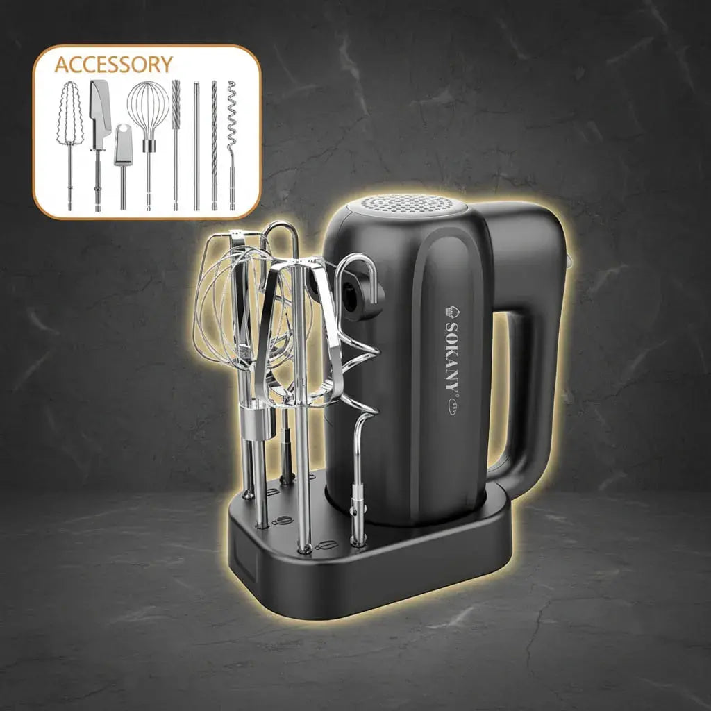 Batidora Sokany 3 en 1 de 400 W con 5 velocidades y accesorios intercambiables. Bate claras, cremas, merengues y mezclas de torta rápido y parejo. Liviana y fácil de usar, ideal para repostería en casa.