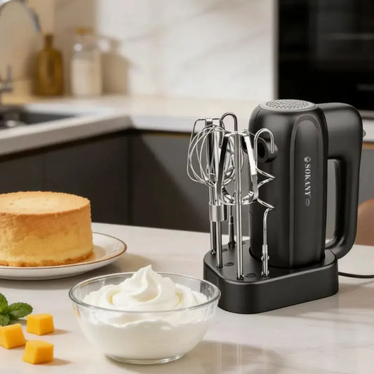Batidora Sokany 3 en 1 de 400 W con 5 velocidades y accesorios intercambiables. Bate claras, cremas, merengues y mezclas de torta rápido y parejo. Liviana y fácil de usar, ideal para repostería en casa.