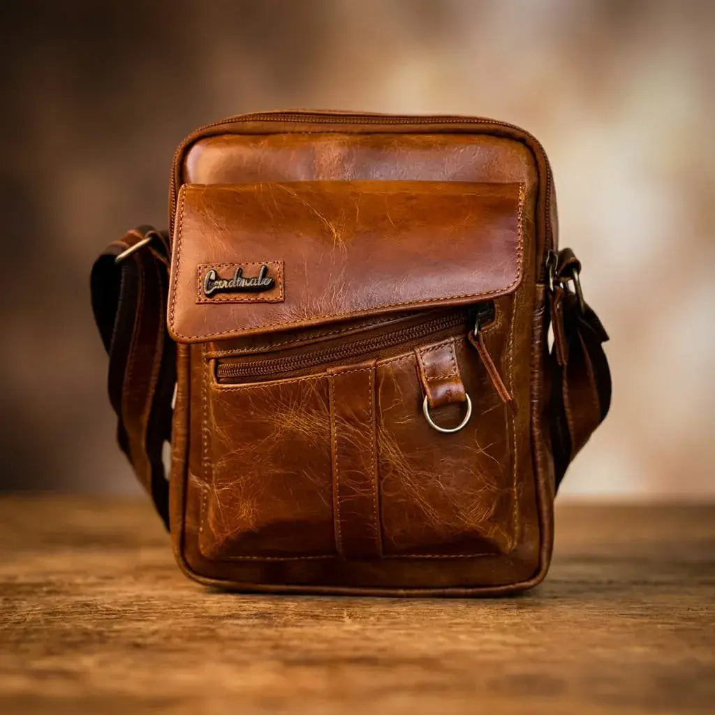 Bolso para caballero 100% cuero con compartimiento principal y tres bolsillos externos. Elegante, resistente y funcional para trabajo, viajes y uso diario.