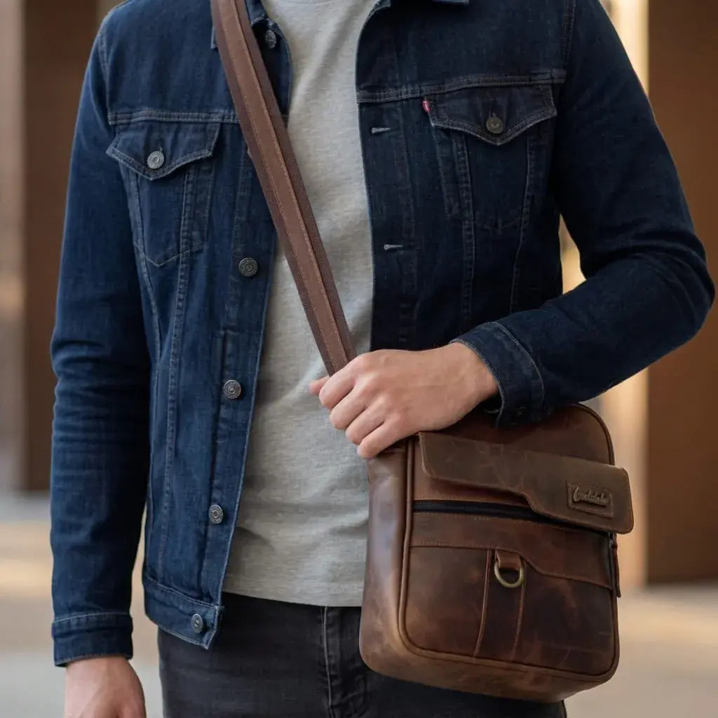 Bolso para caballero 100% cuero con compartimiento principal y tres bolsillos externos. Elegante, resistente y funcional para trabajo, viajes y uso diario.