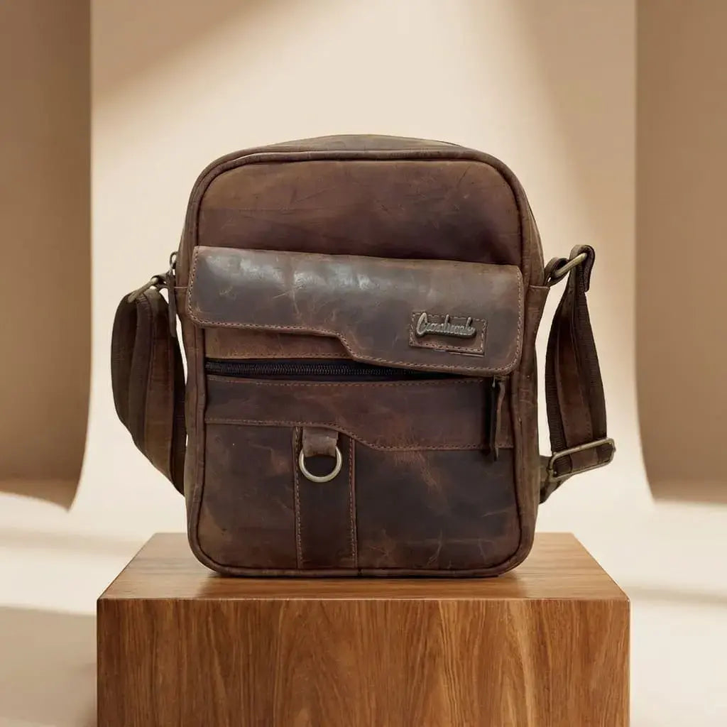 Bolso para caballero 100% cuero con compartimiento principal y tres bolsillos externos. Elegante, resistente y funcional para trabajo, viajes y uso diario.