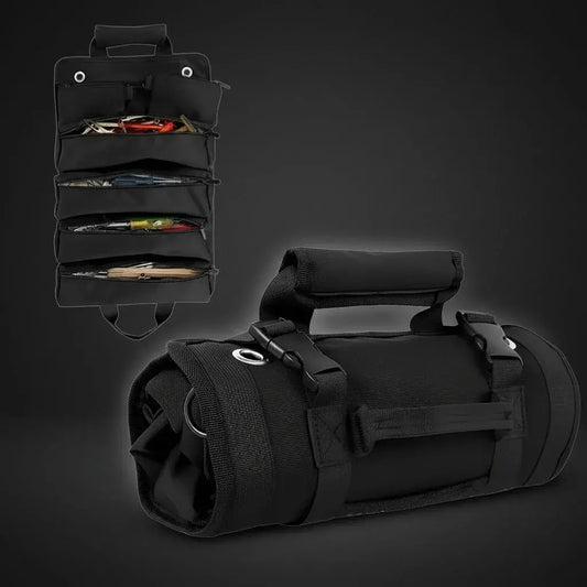 Bolso enrollable para herramientas en tela Oxford resistente, con bolsillos para llaves, destornilladores y alicates. Es compacto, fácil de llevar y se amarra sin que se salga nada. Ideal para mecánicos, electricistas, carros y motos.