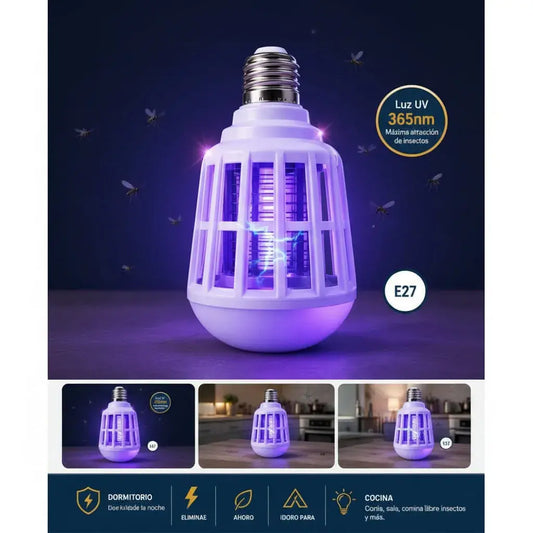 Bombillo LED mata zancudos 2 en 1: ilumina y atrapa mosquitos con luz UV y rejilla eléctrica, sin químicos ni olores. Se instala en el socket E27 como un bombillo normal. Ideal para habitaciones y tierra caliente.