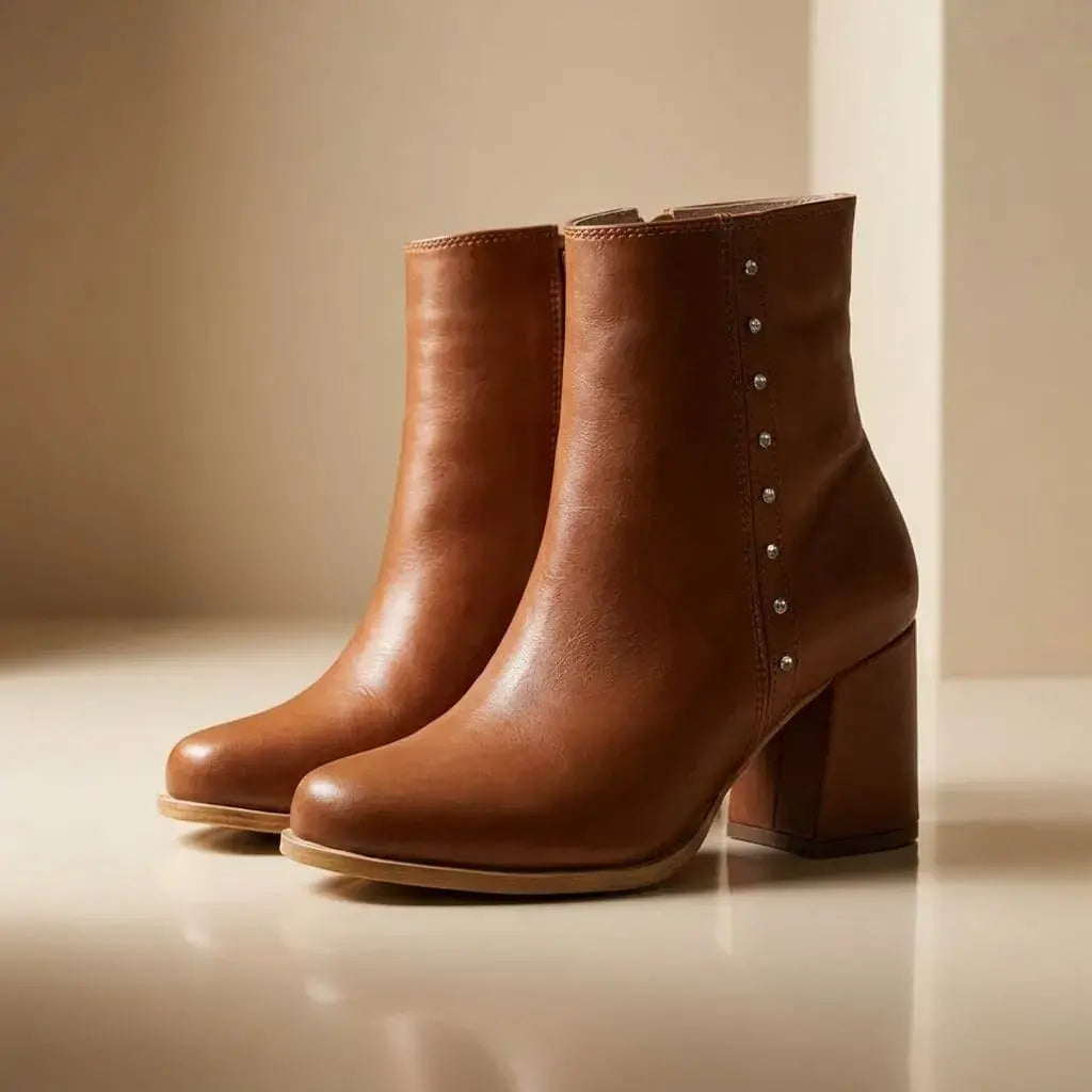 Botín de tacón para dama con pedrería lateral, tacón ancho y acabado suave. Elegante, cómodo y sofisticado para eventos, reuniones y looks casuales elegantes.