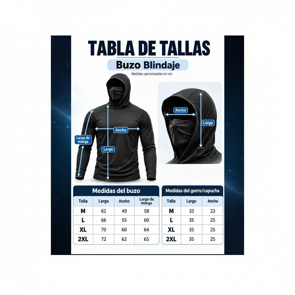 Buzo manga larga con capucha y máscara integrada que sube y baja. Ayuda a reducir la exposición al sol y al polvo. Tela licrada liviana y de secado rápido. Unisex, tallas M a 2XL, varios colores.
