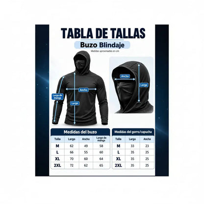 Buzo manga larga con capucha y máscara integrada que sube y baja. Ayuda a reducir la exposición al sol y al polvo. Tela licrada liviana y de secado rápido. Unisex, tallas M a 2XL, varios colores.