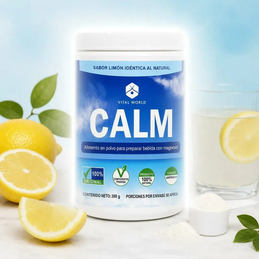 CALM by Vital World, magnesio bisglicinato en polvo con 8 vitaminas (C, E, D3 y complejo B). Bebida sabor limón para tu rutina de relajación y la función muscular. Sin azúcares añadidos. 58 porciones. Con INVIMA.