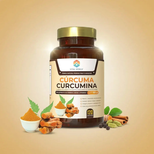 Cúrcuma Curcumina Vital World con piperina de pimienta negra, azafrán, canela, cardamomo, vitamina C, Omega-9 y colina. Trae 120 unidades y 30 porciones. Es una fórmula botánica para acompañar tu rutina activa, con registro INVIMA.
