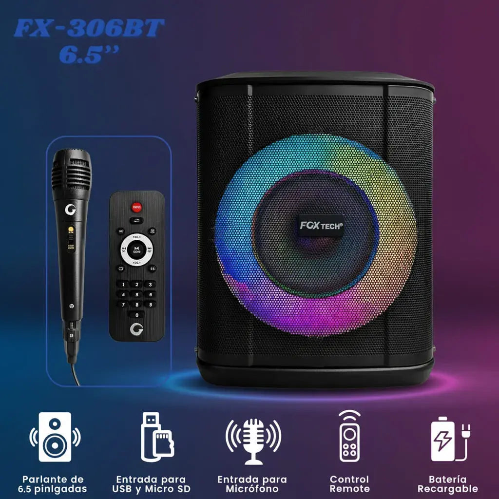 Cabina de sonido Fox Tech FX-306BT de 6,5", recargable, con Bluetooth, USB, micro SD, micrófono alámbrico para karaoke, control remoto y anillo de luz LED RGB. Ideal para reuniones, asados y noches de karaoke.