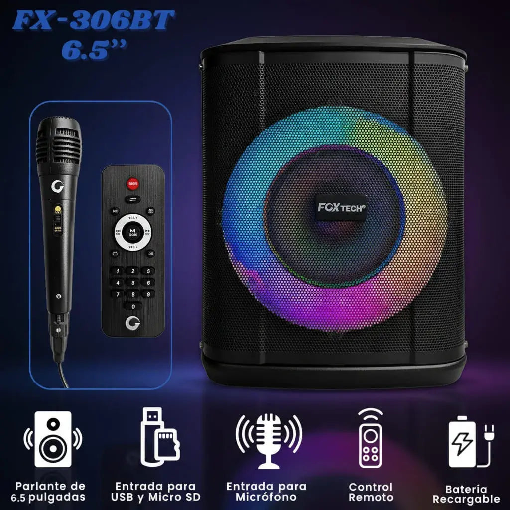 Cabina de sonido Fox Tech FX-306BT de 6,5", recargable, con Bluetooth, USB, micro SD, micrófono alámbrico para karaoke, control remoto y anillo de luz LED RGB. Ideal para reuniones, asados y noches de karaoke.