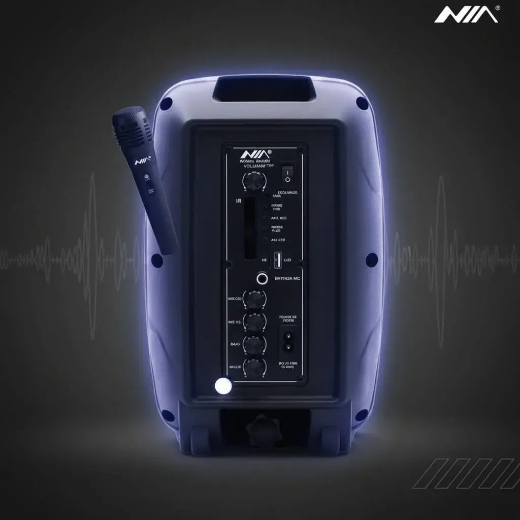 Cabina portátil NIA AN-2051 con parlante de 6,5", micrófono alámbrico, control remoto, Bluetooth, USB, SD, radio FM, TWS y luces LED. Tiene control de eco, bajos y agudos, y batería de hasta 8 horas. Ideal para karaoke, clases y eventos.