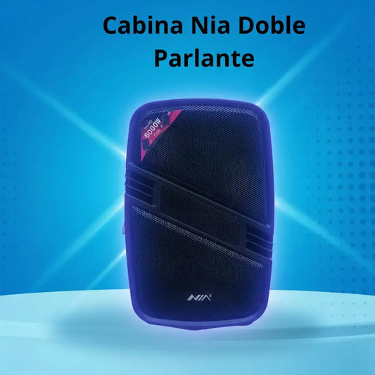Cabina de sonido NIA con doble parlante de 6,5", Bluetooth 5.0, micrófono para karaoke, luces LED, radio FM y entradas USB, microSD y AUX. Tiene batería de hasta 6 horas y carga en 2 horas. Es portátil, con asa. Ideal para fiestas.