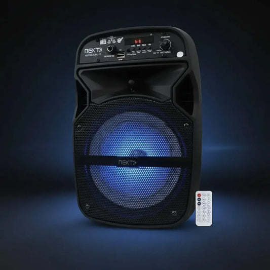 Cabina de sonido NX-Y7 de 6,5" con luces RGB, Bluetooth, radio FM, USB y SD. Tiene función de karaoke, grabación y TWS, trae control remoto y es recargable. Una cabina compacta para tus fiestas y reuniones.