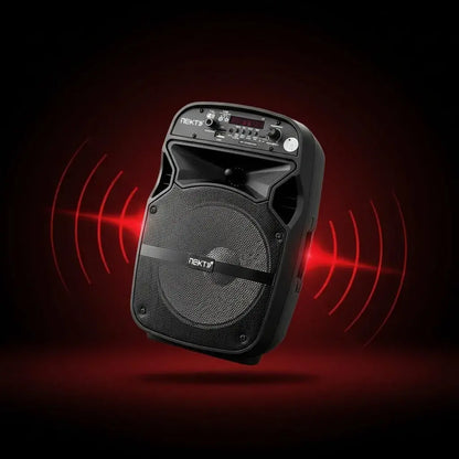 Cabina de sonido NX-Y7 de 6,5" con luces RGB, Bluetooth, radio FM, USB y SD. Tiene función de karaoke, grabación y TWS, trae control remoto y es recargable. Una cabina compacta para tus fiestas y reuniones.