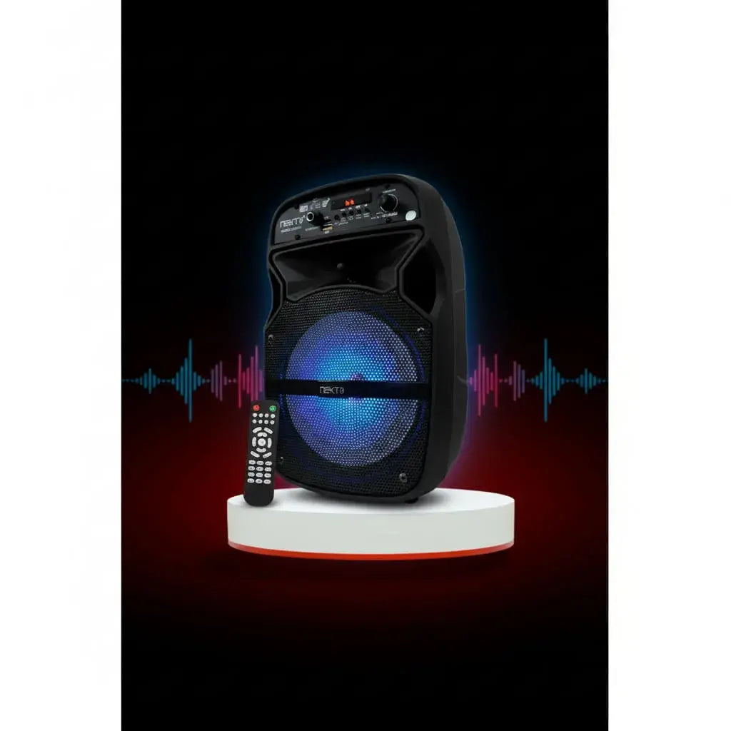 Cabina de sonido NX-Y7 de 6,5" con luces RGB, Bluetooth, radio FM, USB y SD. Tiene función de karaoke, grabación y TWS, trae control remoto y es recargable. Una cabina compacta para tus fiestas y reuniones.