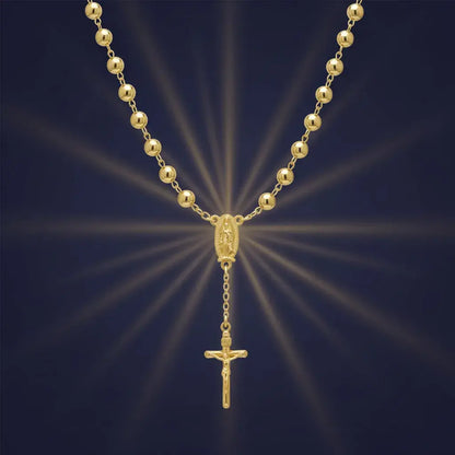 Camándula para hombre de 70 cm con medalla de la Virgen de Guadalupe y crucifijo. Balines de 6 mm en oro laminado 18K, cierre de langosta. Regalo de fe para papá, esposo o hijo.