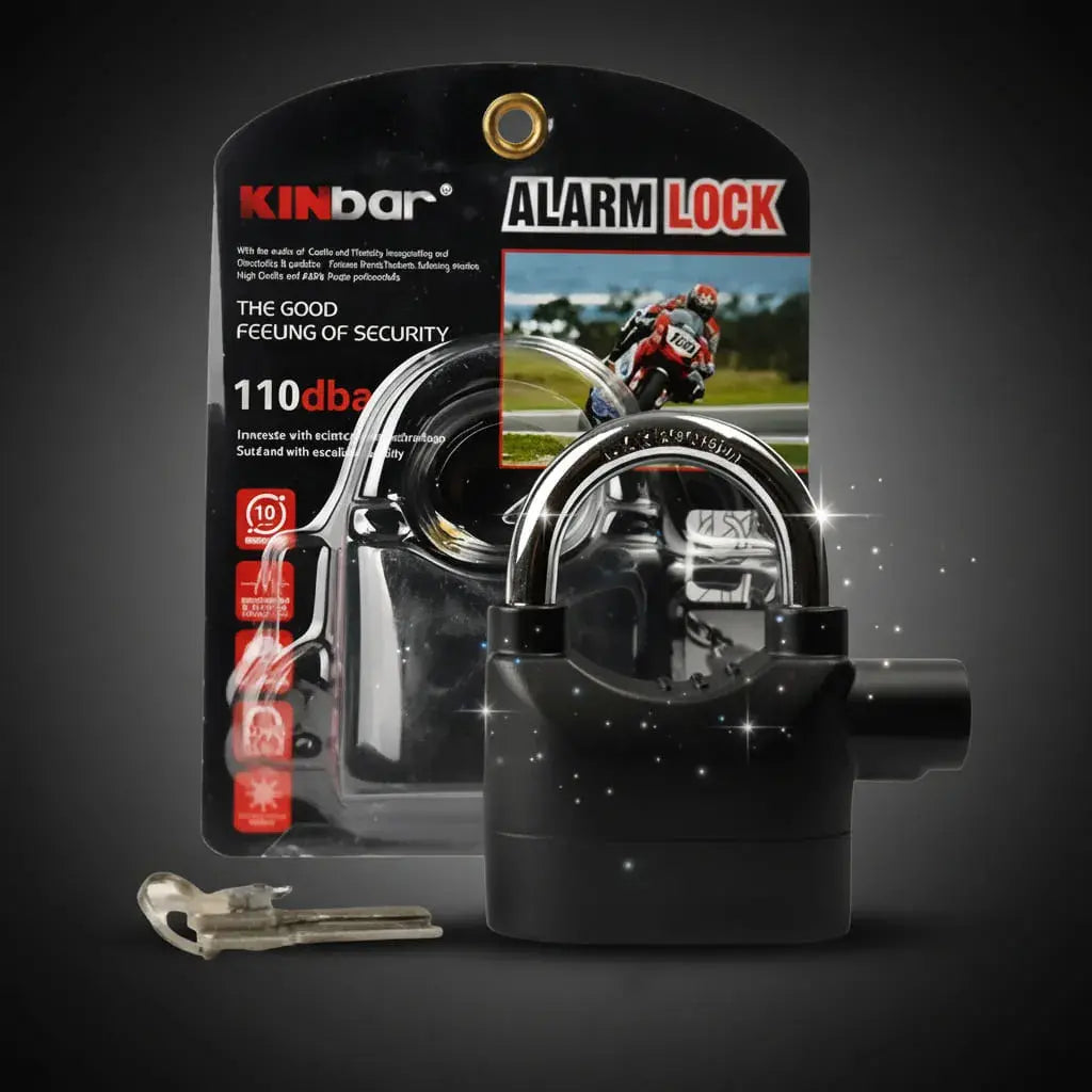 Candado con alarma antirrobo de 110 dB que suena al moverse o golpearse. Bloqueo mecánico y modo alarma, en aleación de zinc resistente al agua. Para moto, bicicleta, puertas y rejas. Pilas incluidas.