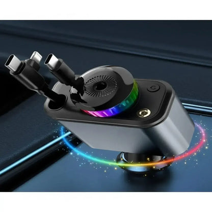 Cargador de carro 4 en 1 con cables retráctiles Lightning y Tipo C, puerto USB-C, aromatizante y luz ambiental RGB. Carga rápida para iPhone y Android en tu toma de 12V.