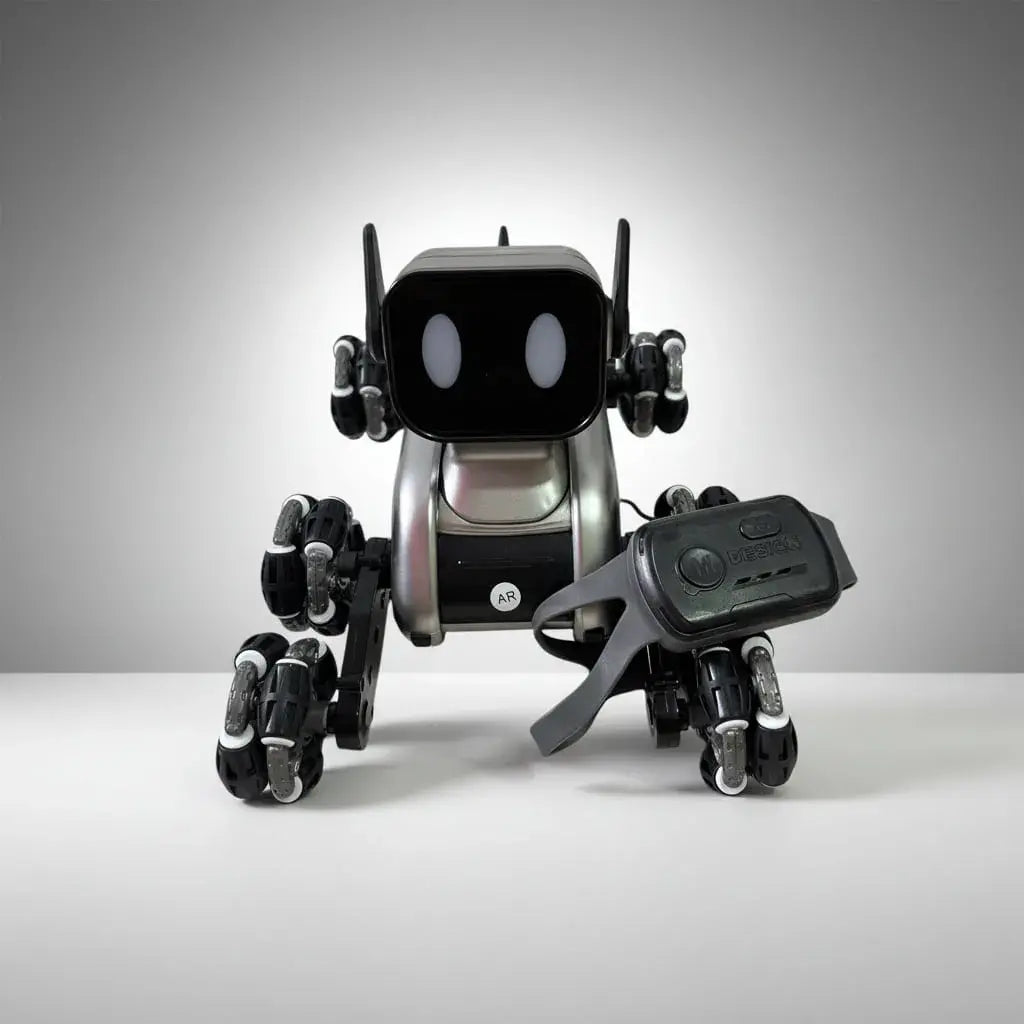 Carro acrobático a control remoto tipo perro con 8 ruedas. Gira 360°, derrapa y hace acrobacias. Doble control: remoto de 2,4 GHz y reloj con sensor de gestos. Con luces, música y demostración automática.