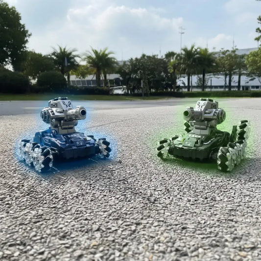 Carro tanque a control remoto de 8 ruedas omnidireccionales. Gira 360°, cambia de posición y tiene torre giratoria, luces LED multicolor y modo música. Para niños y jóvenes, en interiores y exteriores.
