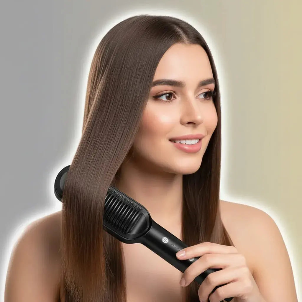 Cepillo alisador eléctrico con recubrimiento cerámico: alisa mientras peinas. Calor parejo, puntas anti quemaduras y apagado automático a los 30 minutos. Para mujer y hombre, todo tipo de cabello.