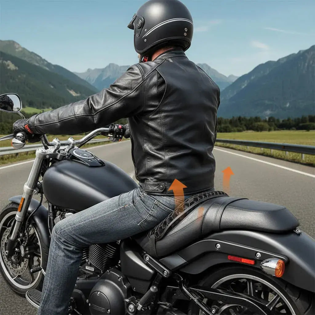 Cojín ergonómico para asiento de moto que reparte el peso, reduce la presión y absorbe las vibraciones y los baches. Canales de ventilación contra el calor. Ideal para viajes largos y domiciliarios.