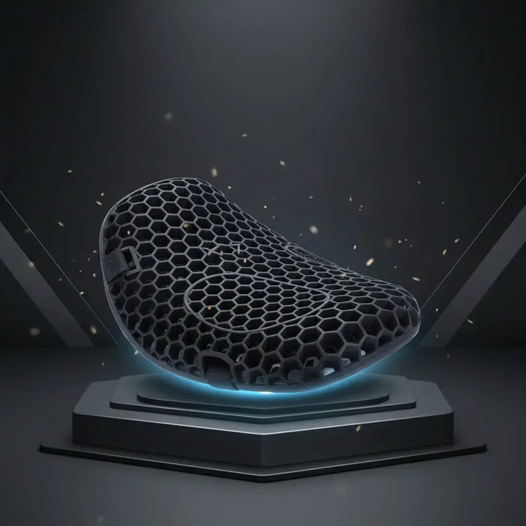 Cojín ergonómico para asiento de moto que reparte el peso, reduce la presión y absorbe las vibraciones y los baches. Canales de ventilación contra el calor. Ideal para viajes largos y domiciliarios.