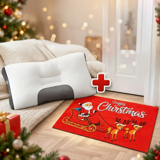 Combo de almohada 3D ergonómica gris de 64 x 40 x 9 cm, que conserva su forma y es fresca, más un tapete navideño de 60 x 40 cm para decorar la puerta o la cocina. Descanso y decoración navideña en un solo pedido. Ideal para regalar.