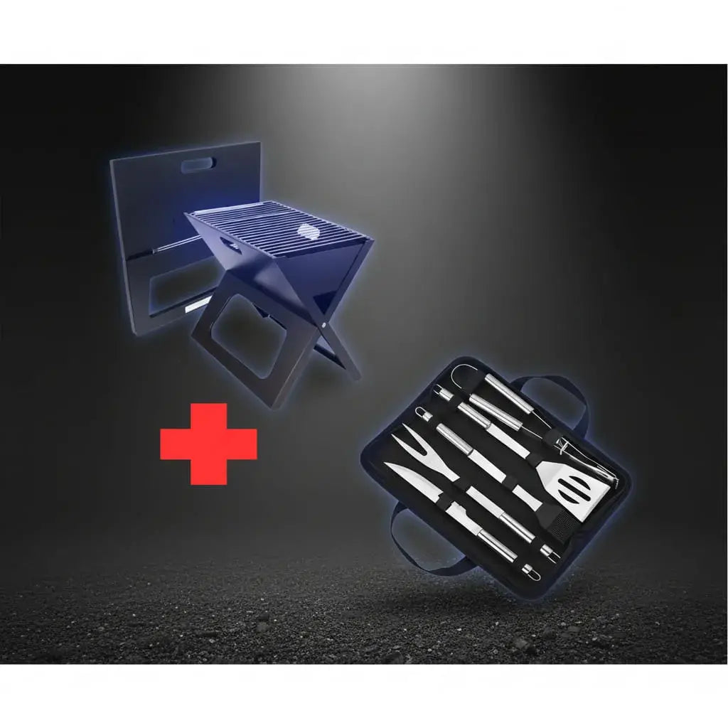 Combo de asador portátil plegable de carbón tipo maletín con set de utensilios BBQ en acero inoxidable: cuchillo, tenedor, espátula, pinzas, brocha y pinchos. Se arma en 2 pasos y trae una parrilla amplia. Ideal para paseos y camping.