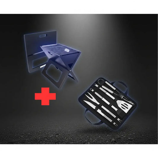 Combo de asador portátil plegable de carbón tipo maletín con set de utensilios BBQ en acero inoxidable: cuchillo, tenedor, espátula, pinzas, brocha y pinchos. Se arma en 2 pasos y trae una parrilla amplia. Ideal para paseos y camping.