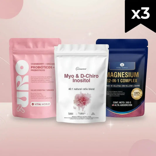 Combo de bienestar femenino x3 en gomitas: URO Probióticos con cranberry y orégano, Myo y D-Chiro Inositol 40:1 y Magnesio 12 en 1 con vitamina C. Es una rutina completa para tu digestión, tu equilibrio y tu descanso, con registro INVIMA.