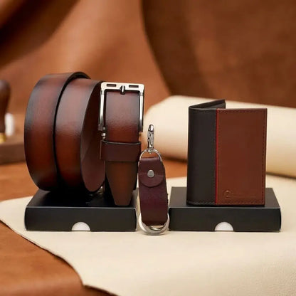 Combo unisex en 100% cuero con correa deportiva fogueada, portadocumentos, llavero grande y caja de presentación. Elegante, práctico y perfecto para regalo.