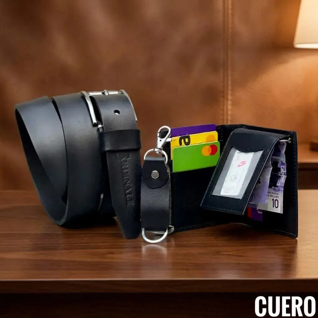 Combo unisex en 100% cuero con correa deportiva fogueada, portadocumentos, llavero grande y caja de presentación. Elegante, práctico y perfecto para regalo.